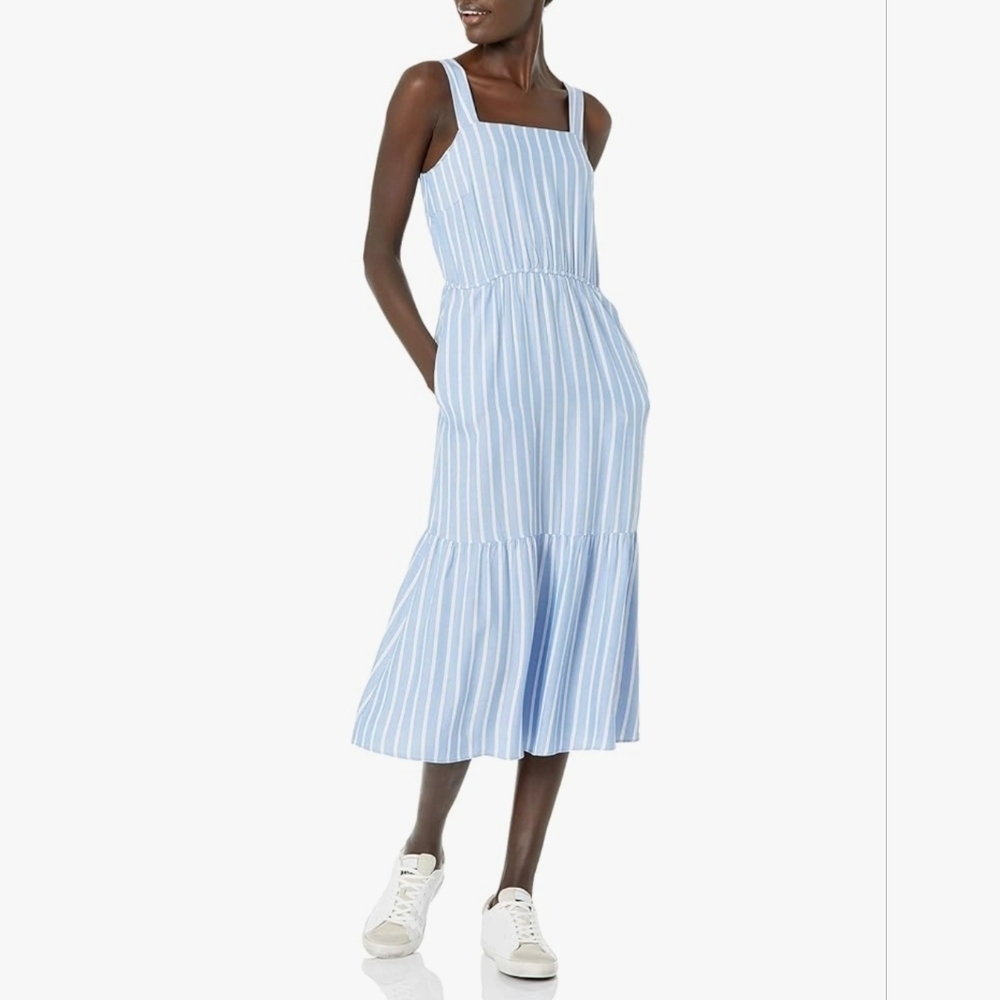Relaxed Fit Midi Dress, Light Blue/White Stripes, Fluid Twill, Tiered ◇Small◇NWT